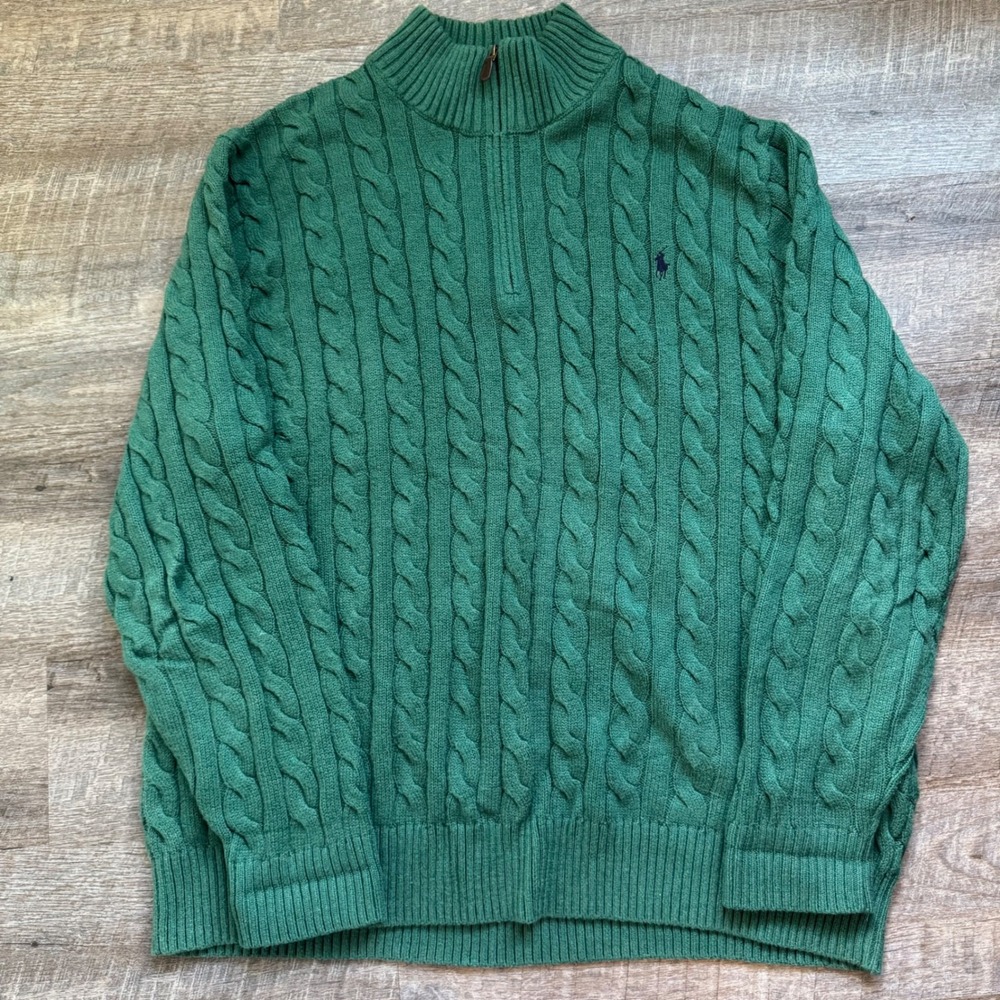 Polo Ralph Lauren Cable Knit Quarter Zip Sweater 2XLT Tall Green Pony Logo